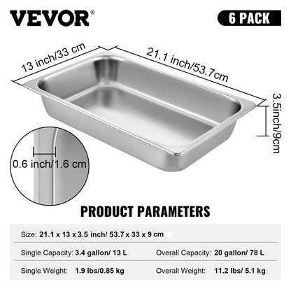 6 Pack Steam Table Pans 20.9 x 12.8 x 3.9 Inch Deep Steam Table Pan Full Size 13L Deep Food Container Stainless Steel Oven Tray Hotel Pans Anti-Jam Steam Table Food Pan