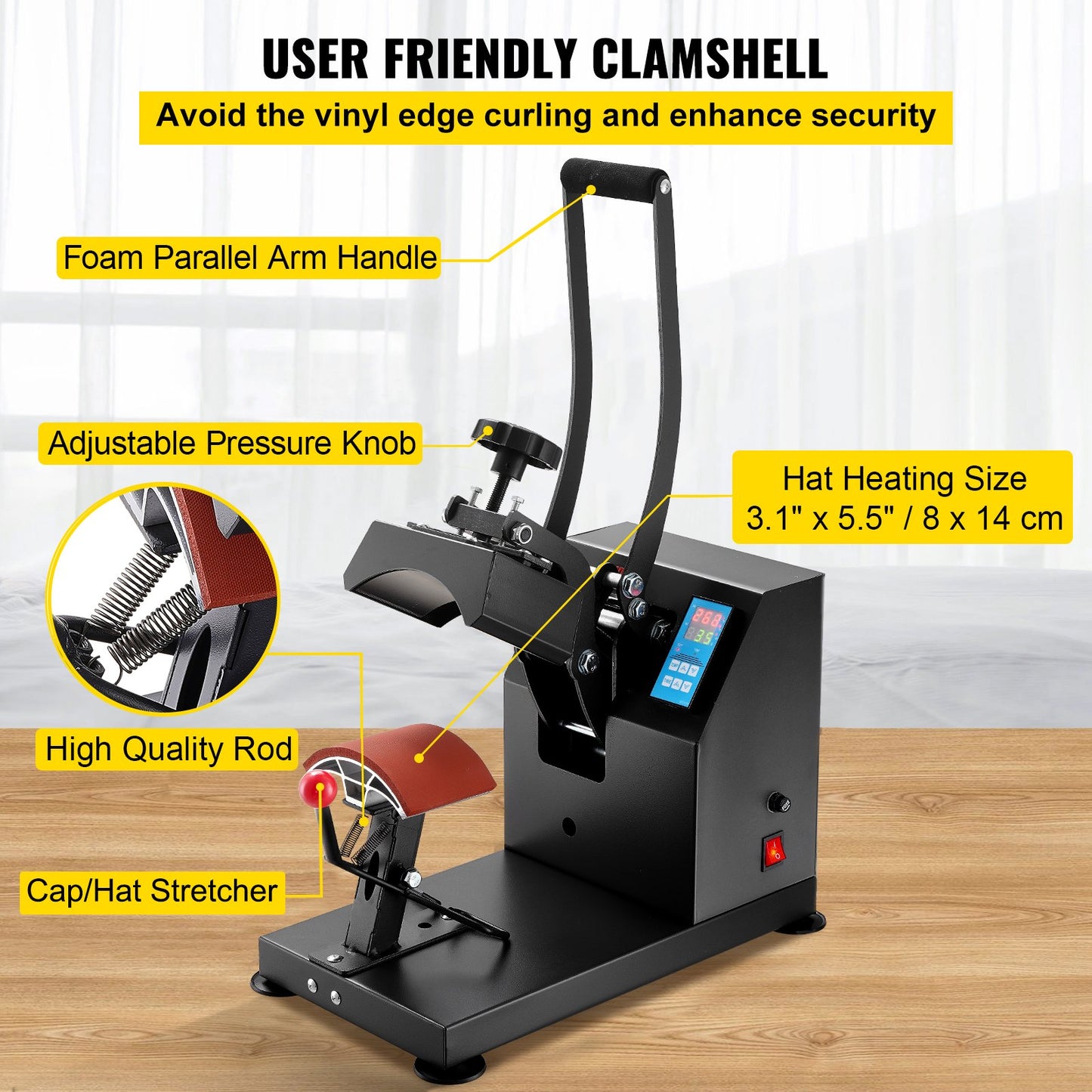 Hat Heat Press 5.5 x 3.5 inch Heat Press Machine 600W Professional Hat Heat Press Machine for Hats Caps Transfer Press Heat with 12000 Hours Life Digital LCD Timer and Temperature Control