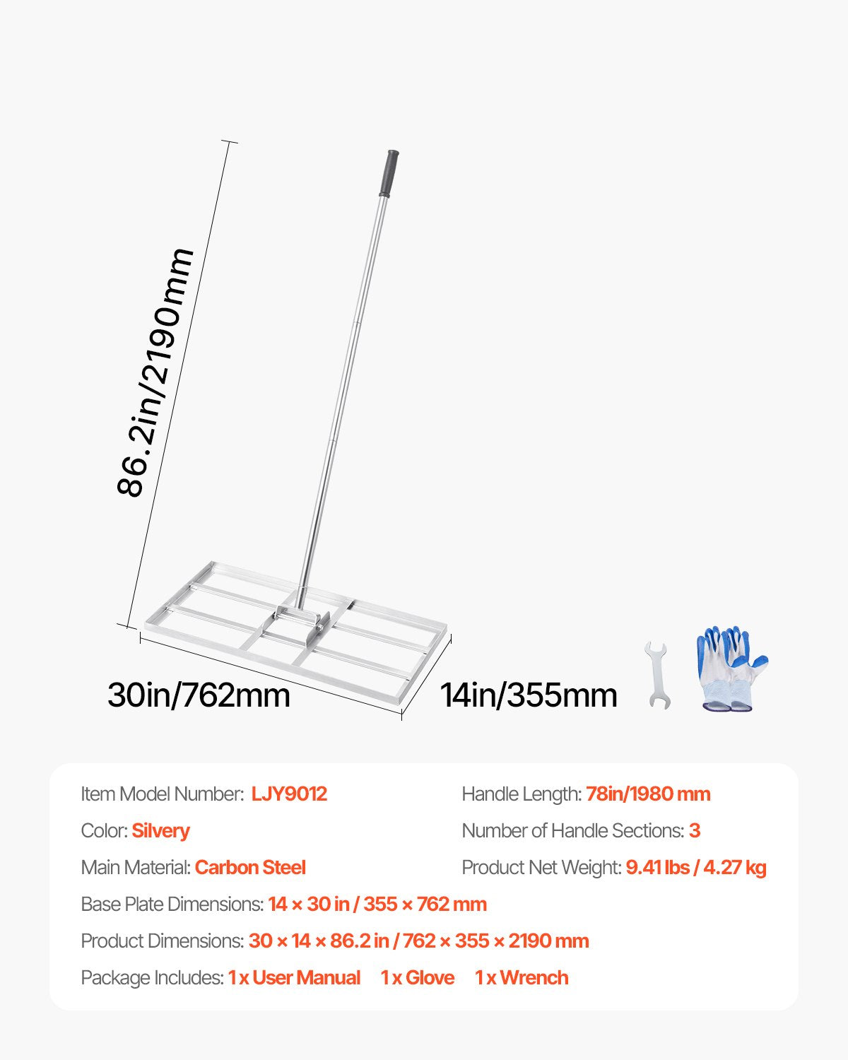 Lawn Leveling Rake, Lawn Leveler with 83.9 in Handle, 48x10 in Ground Plate, Rust-Resistant Carbon Steel Soil Leveler, 2 Heights Adjustable, Effort Saving Lawn Leveling Tool for Yard Golf Court
