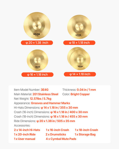 Cymbalpaket 4 delar cymbaler trumset 14 16 18 20 tum (355/400/455/505 mm) cymbaler för trummor