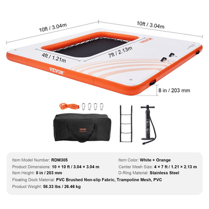 Uppblåsbar flytbrygga, 10x10FT uppblåsbar bryggplattform med 4*7FT trampolinnätpool, halkfri flytande plattformsvattenmatta med bärbar väska och avtagbar stege för poolstrandavkoppling