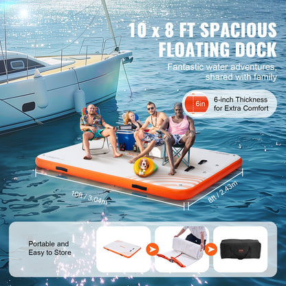 Inflatable Floating Dock, 10 x 8FT Inflatable Dock Platform, Non-Slip Water Floating Dock Mat with Portable Carrying Bag & Detachable Ladder, Floating Platform Island Raft for Pool Beach Ocean