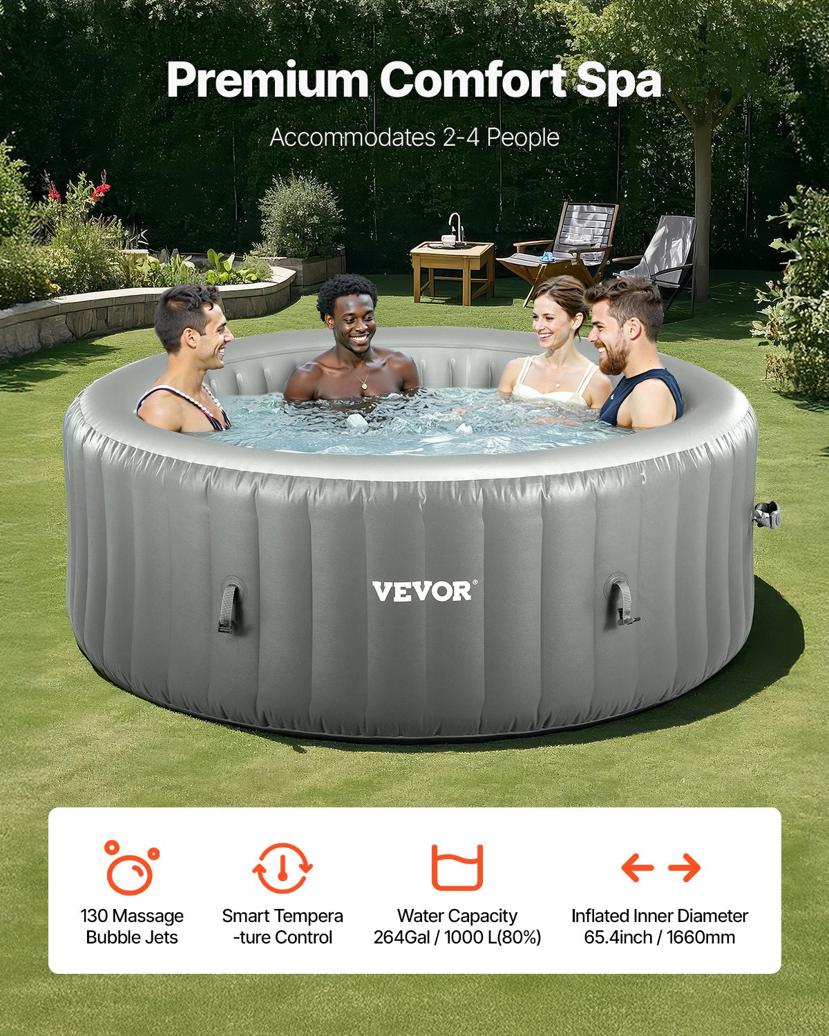 Inflatable Hot Tub, 4 to 6 Person Capacity, 2080 x 660mm Round Portable Outdoor Spa, with 130 Soothing Jets, Filter, Cover and Mat, Multi-function Control Panel, PVC Outdoor Hot Tub, Grey