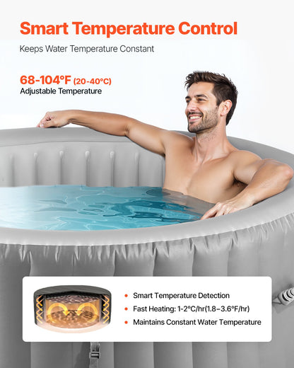 Inflatable Hot Tub, 4 to 6 Person Capacity, 2080 x 660mm Round Portable Outdoor Spa, with 130 Soothing Jets, Filter, Cover and Mat, Multi-function Control Panel, PVC Outdoor Hot Tub, Grey
