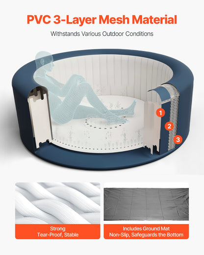 Inflatable Hot Tub, 4 to 6 Person Capacity, 2080 x 660mm Round Portable Outdoor Spa, with 130 Soothing Jets, Filter, Cover and Mat, Multi-function Control Panel, PVC Outdoor Hot Tub, Grey