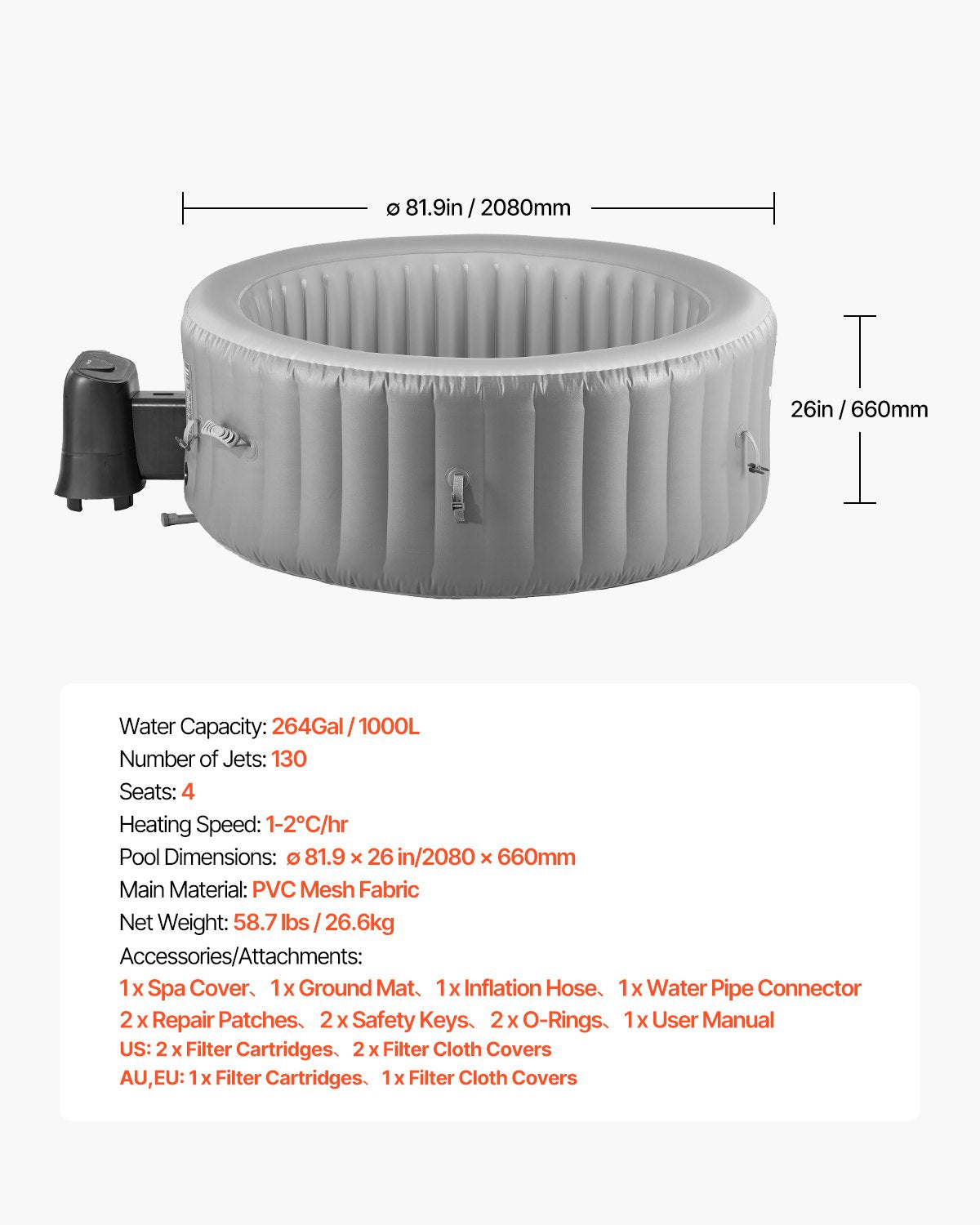 Inflatable Hot Tub, 4 to 6 Person Capacity, 2080 x 660mm Round Portable Outdoor Spa, with 130 Soothing Jets, Filter, Cover and Mat, Multi-function Control Panel, PVC Outdoor Hot Tub, Grey