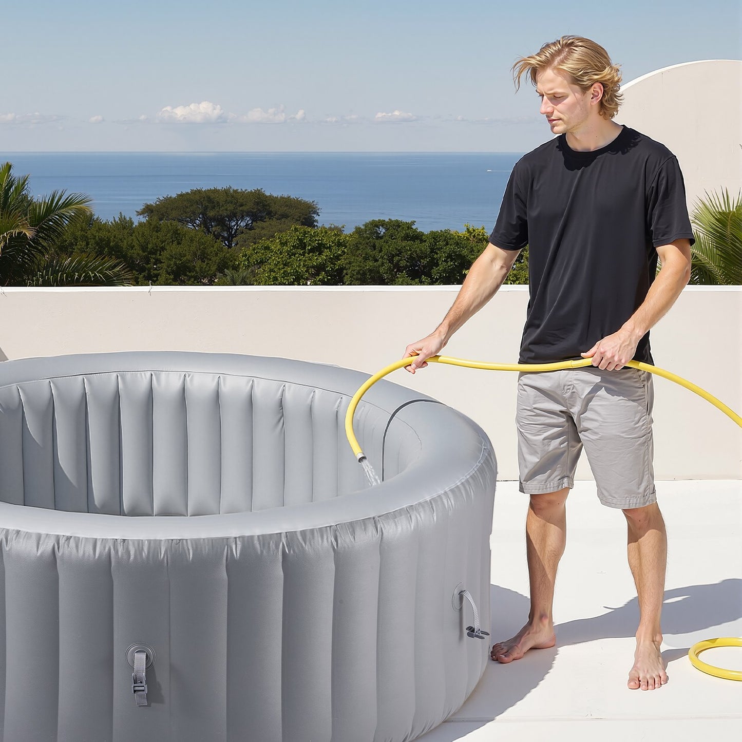 Inflatable Hot Tub, 4 to 6 Person Capacity, 2080 x 660mm Round Portable Outdoor Spa, with 130 Soothing Jets, Filter, Cover and Mat, Multi-function Control Panel, PVC Outdoor Hot Tub, Grey