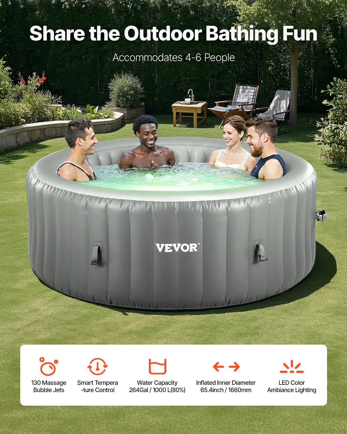 Inflatable Hot Tub, 4 to 6 Person Capacity, 2080 x 660mm Round Portable Outdoor Spa, with 130 Soothing Jets, Headrest, LED Light, Cover, Multi-function Control Panel, PVC Outdoor Hot Tub, Grey