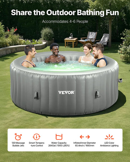 Inflatable Hot Tub, 4 to 6 Person Capacity, 2080 x 660mm Round Portable Outdoor Spa, with 130 Soothing Jets, Headrest, LED Light, Cover, Multi-function Control Panel, PVC Outdoor Hot Tub, Grey