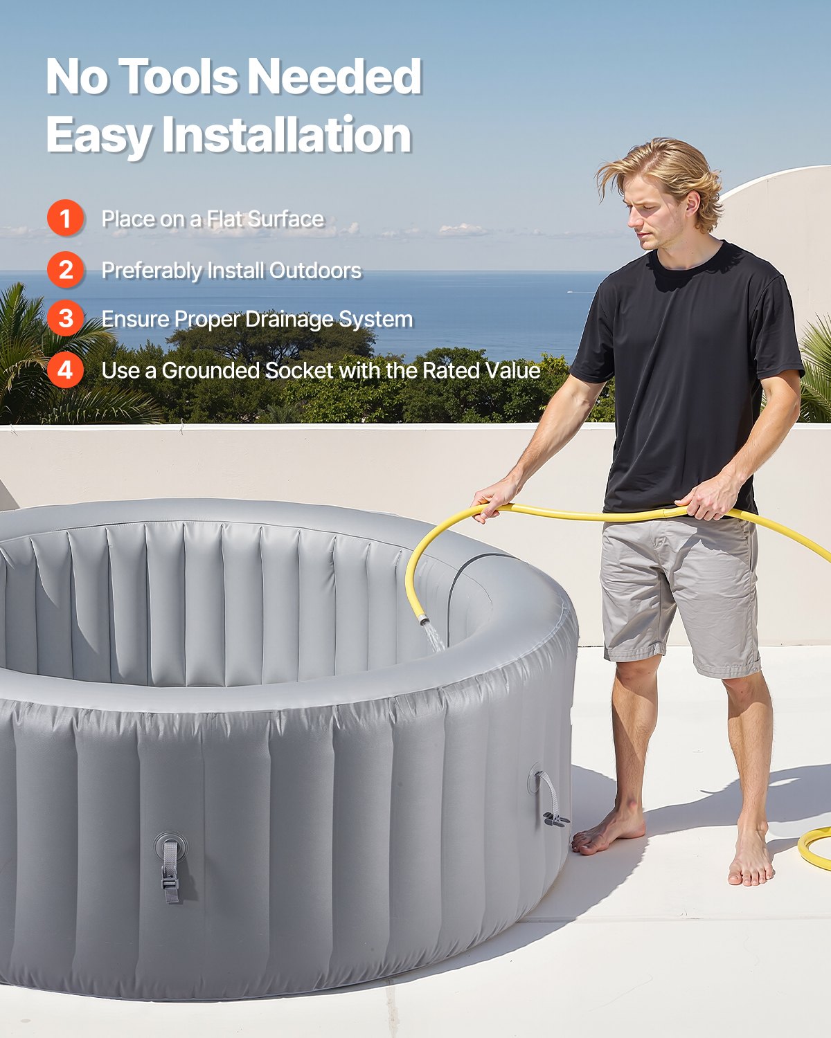 Inflatable Hot Tub, 4 to 6 Person Capacity, 2080 x 660mm Round Portable Outdoor Spa, with 130 Soothing Jets, Headrest, LED Light, Cover, Multi-function Control Panel, PVC Outdoor Hot Tub, Grey