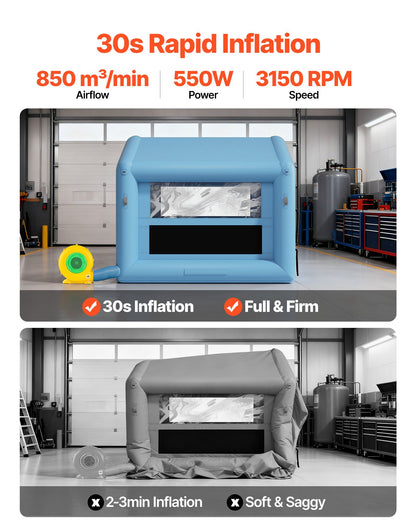 Inflatable Paint Booth, 3 x 2.5 x 2.5 m, Inflatable Spray Booth with 550W Powerful Blower and Air Filter System, Triangular Roof, for Painting Bicycle, Motorcycle, Automotive Sheet Metal