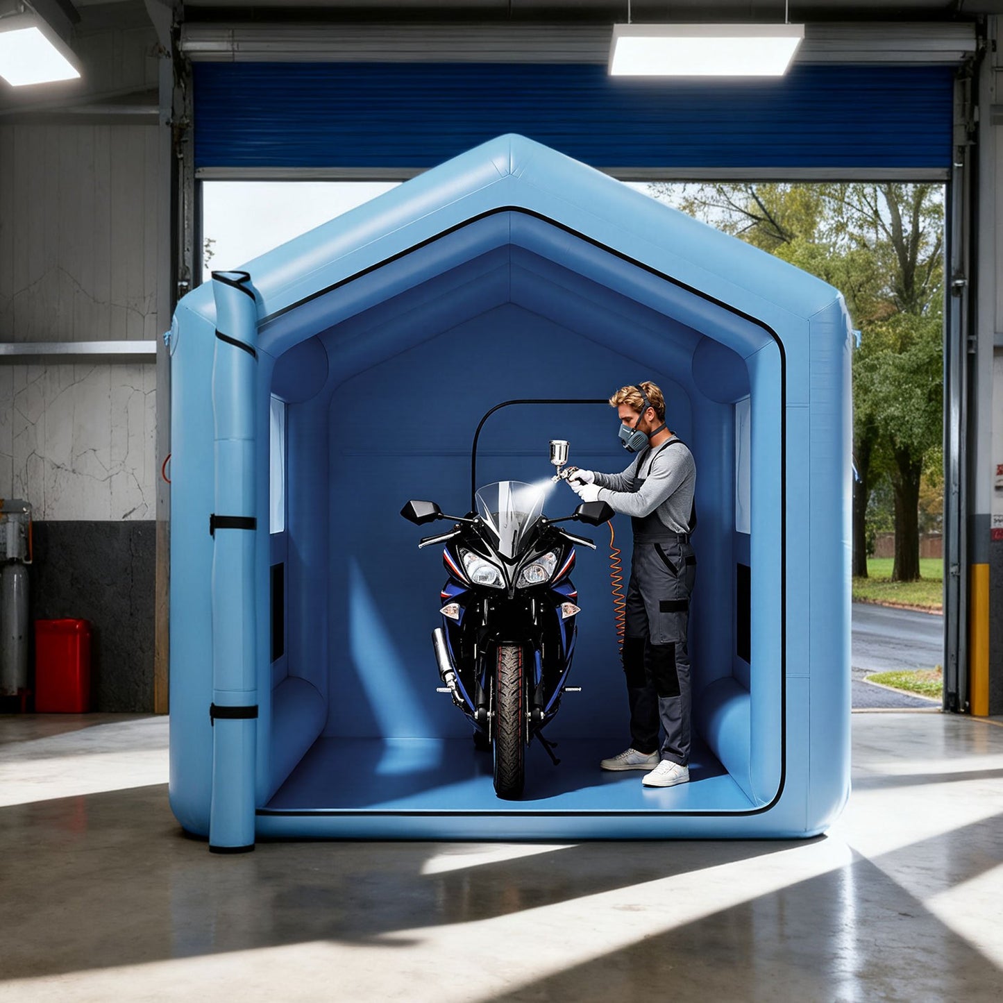 Inflatable Paint Booth, 3 x 2.5 x 2.5 m, Inflatable Spray Booth with 550W Powerful Blower and Air Filter System, Triangular Roof, for Painting Bicycle, Motorcycle, Automotive Sheet Metal