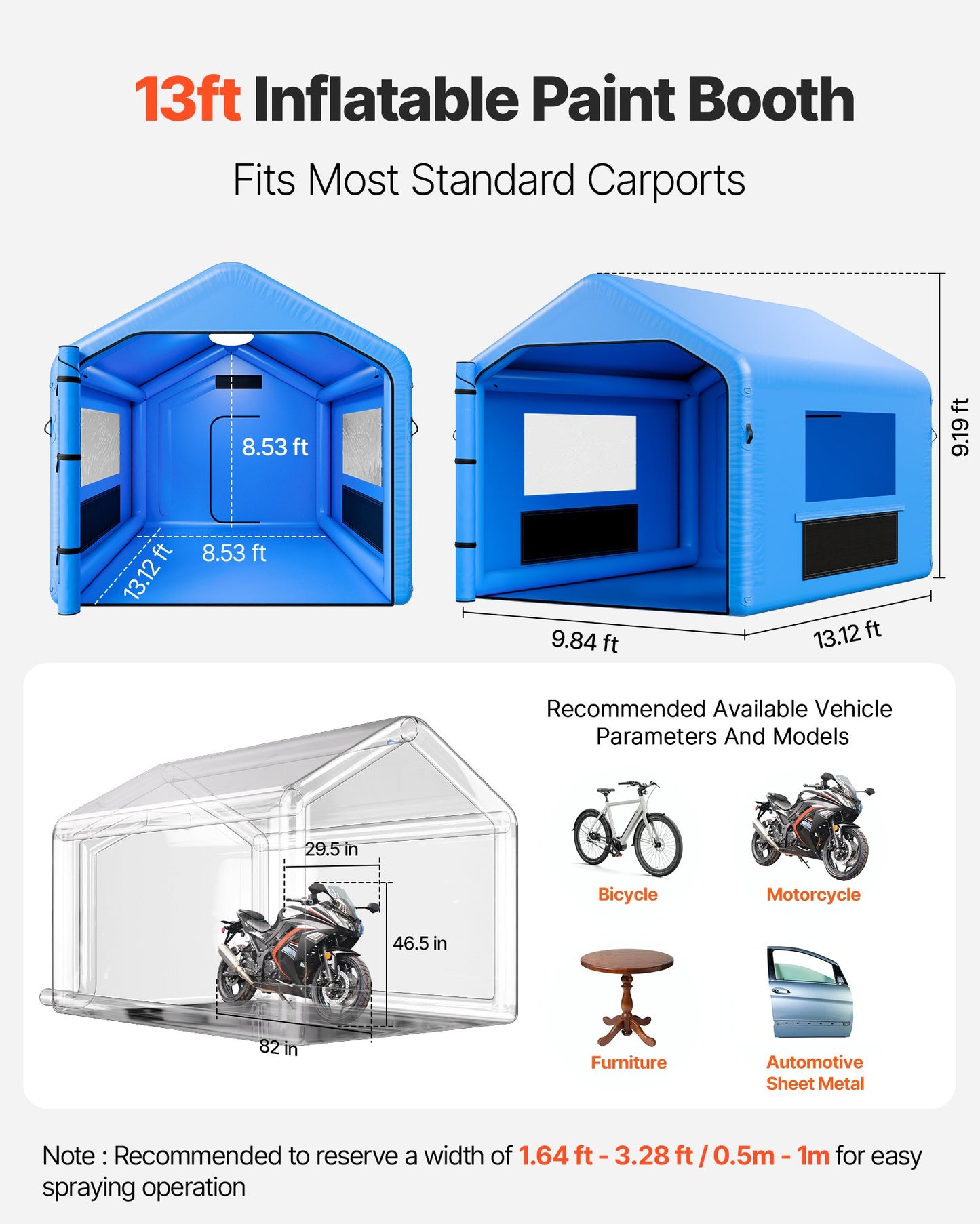 Uppblåsbar målarbox, 4 x 3 x 2,8 m, uppblåsbar sprutbox med 750 W kraftfull fläkt och luftfiltersystem, triangulärt tak, för målning av cykel, motorcykel, bilplåt