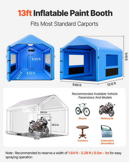 Uppblåsbar målarbox, 4 x 3 x 2,8 m, uppblåsbar sprutbox med 750 W kraftfull fläkt och luftfiltersystem, triangulärt tak, för målning av cykel, motorcykel, bilplåt