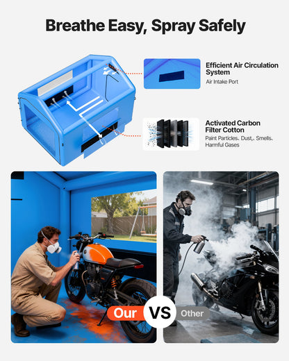 Uppblåsbar målarbox, 4 x 3 x 2,8 m, uppblåsbar sprutbox med 750 W kraftfull fläkt och luftfiltersystem, triangulärt tak, för målning av cykel, motorcykel, bilplåt