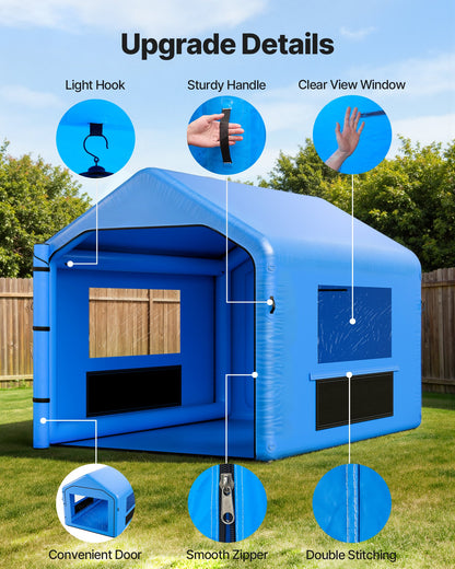 Uppblåsbar målarbox, 4 x 3 x 2,8 m, uppblåsbar sprutbox med 750 W kraftfull fläkt och luftfiltersystem, triangulärt tak, för målning av cykel, motorcykel, bilplåt