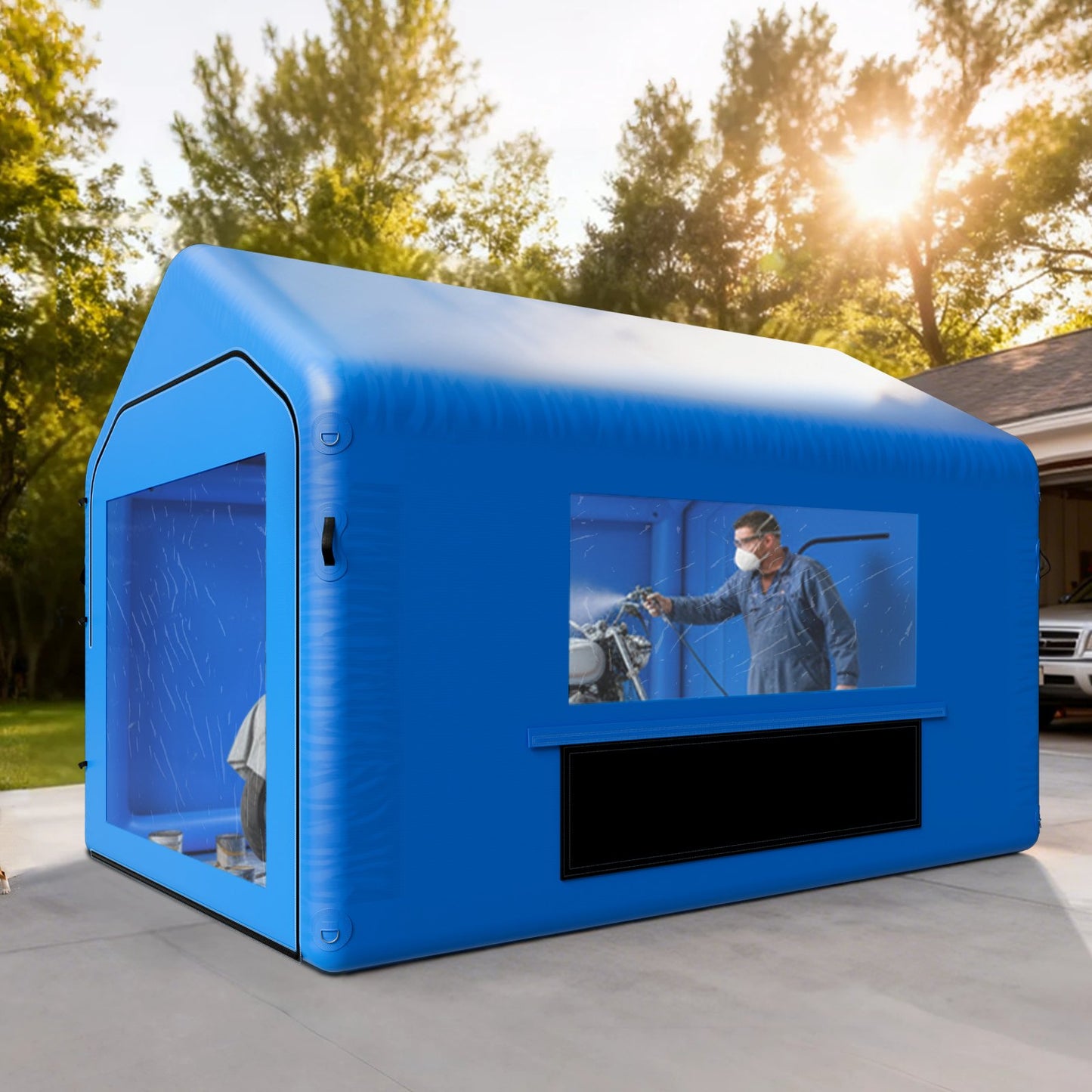 Uppblåsbar målarbox, 4 x 3 x 2,8 m, uppblåsbar sprutbox med 750 W kraftfull fläkt och luftfiltersystem, triangulärt tak, för målning av cykel, motorcykel, bilplåt