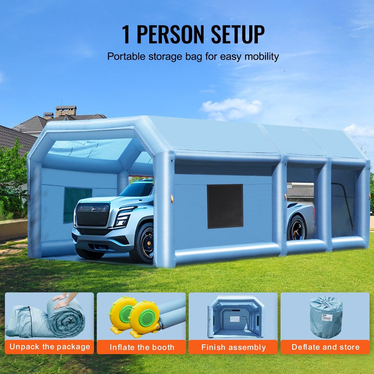 Uppblåsbar målarbox, 29,5 x 15,7 x 11,8 fot/9 x 4,8 x 3,6 m uppblåsbar sprutbox, med 950W + 750W kraftfulla blåsmaskiner och luftfiltersystem, bärbar bilmålarbox för stor lastbil, stor skåpbil, stora maskiner