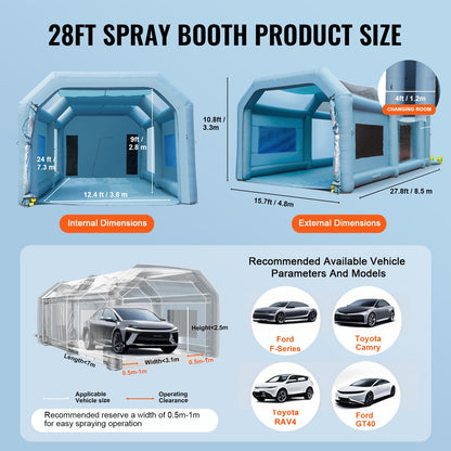 Inflatable Spray Booth Car Paint Tent 8.5 x 4.8 x 3.3 m Filter System 2 Blowers