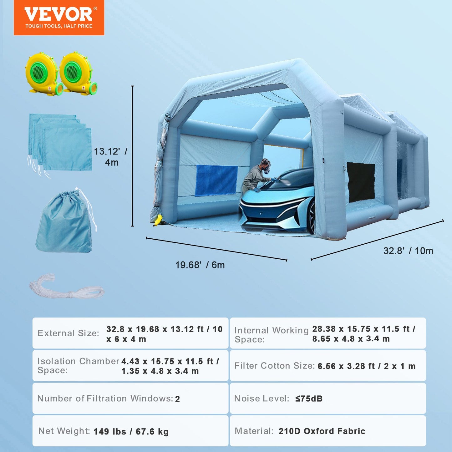 Uppblåsbar sprutbox för billackering 10 x 6 x 4 m filtersystem 2 blåsmaskiner