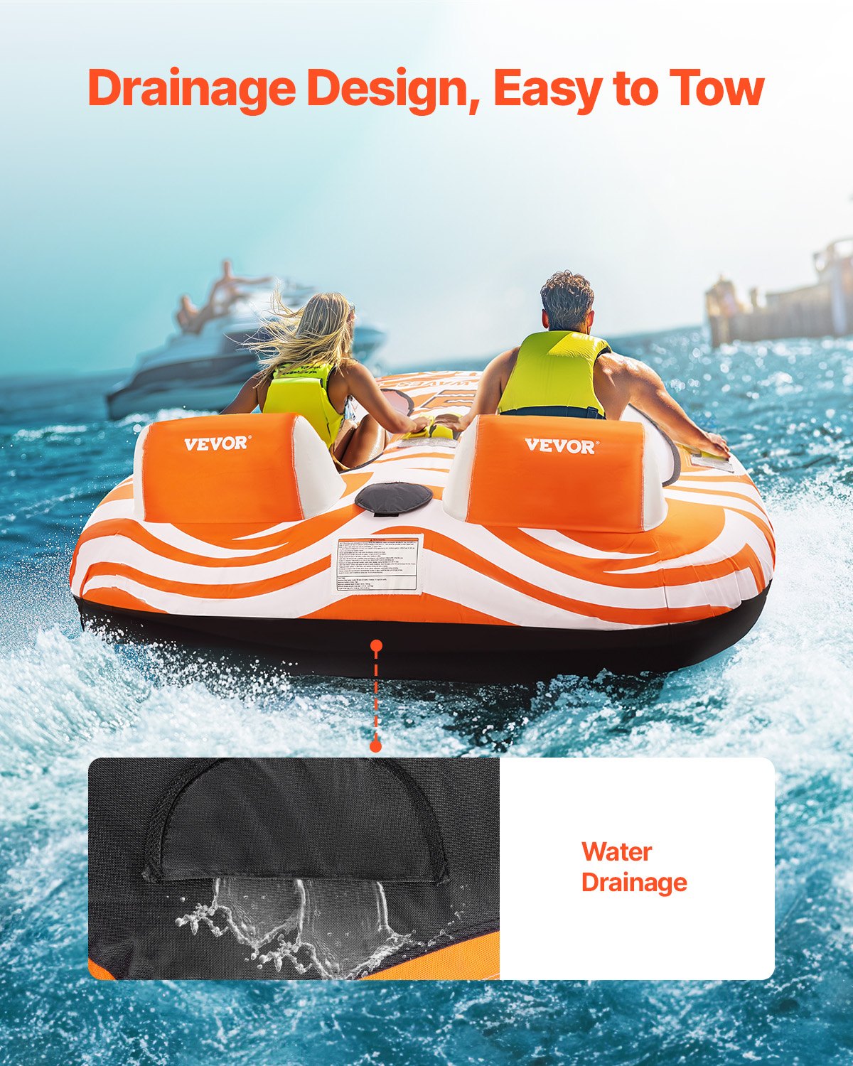 Bogserbara rör för båtliv 2 personer, uppblåsbara båtrör och bogserbara med 2 sittbrunnar, 140 kg vattensportrör för båt att dra - med 840D helt nylonöverdrag, vadderade handtag och säkerhetsventil