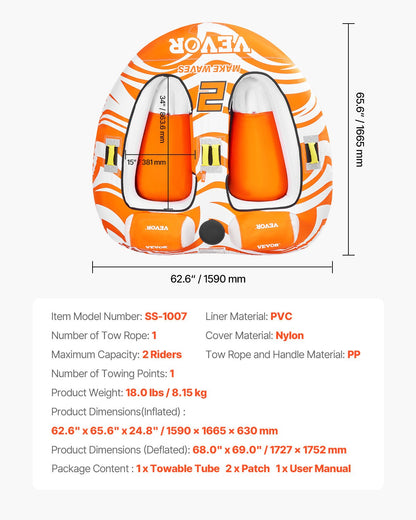 Bogserbara rör för båtliv 2 personer, uppblåsbara båtrör och bogserbara med 2 sittbrunnar, 140 kg vattensportrör för båt att dra - med 840D helt nylonöverdrag, vadderade handtag och säkerhetsventil