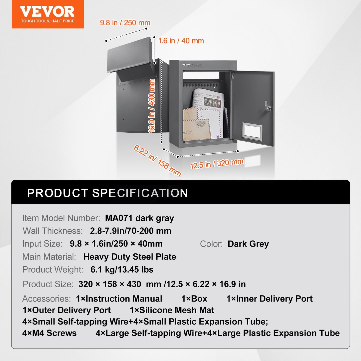 Through The Wall Drop Box, Heavy Duty Steel Through The Wall Mailbox with 2.8-7.9" 13" Combination Lock, 12.5x6.3x16.9 Mail Drop Box, Dark Gray