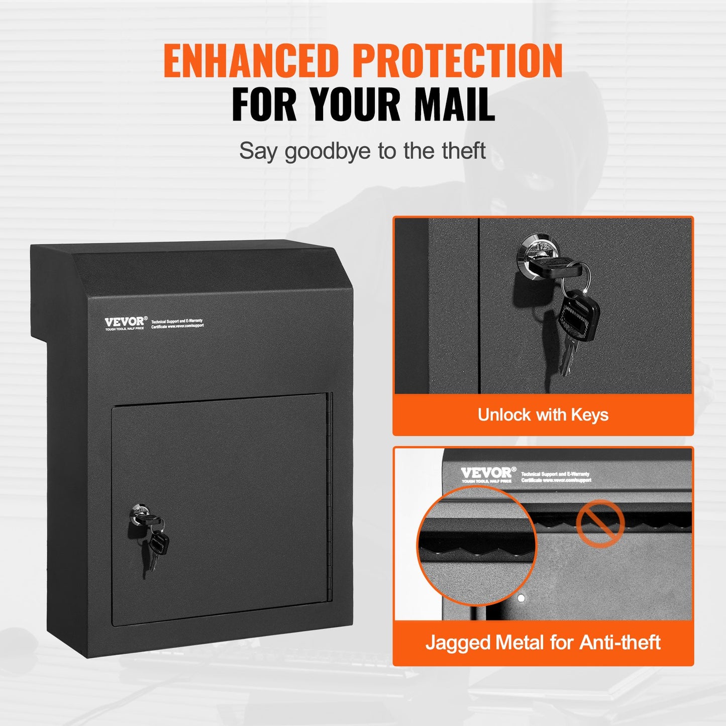 Through The Door Key Drop Box 30.5x15.2x40.6 cm Mailbox with 4.6cm 30.5cm Key Lock Black