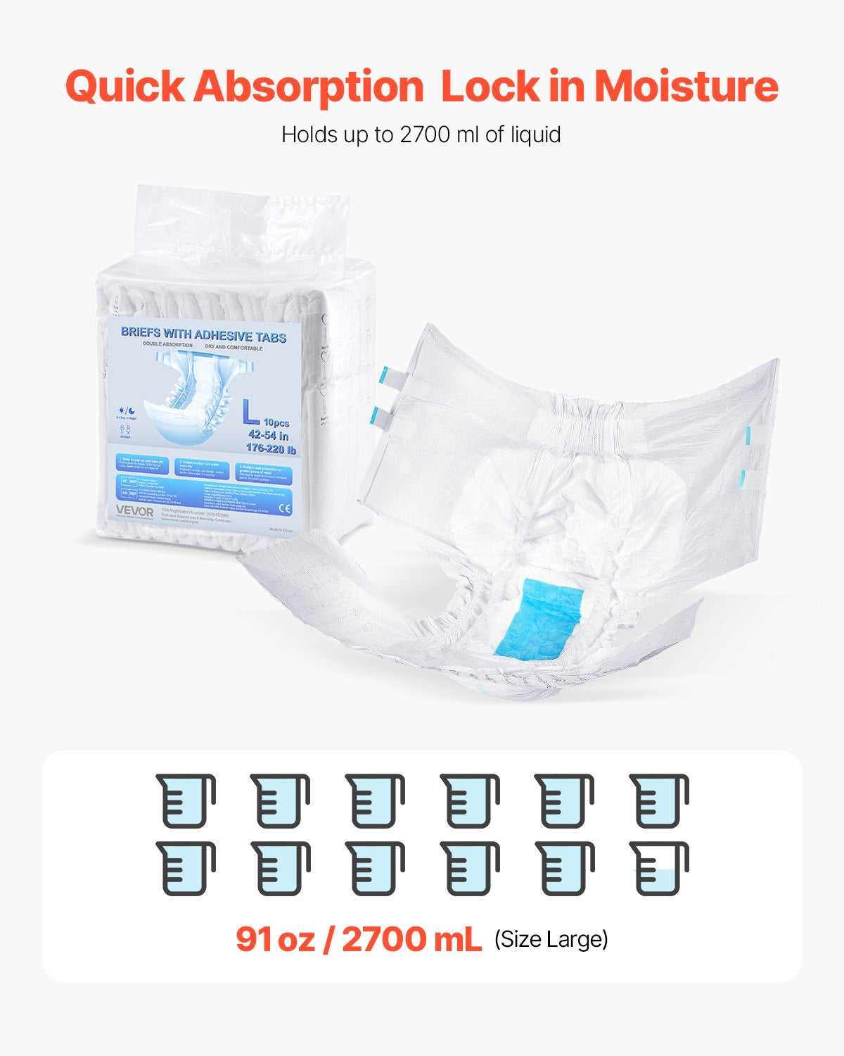 Adult Briefs with Tabs, Super Absorbent Incontinence Briefs for Men and Women, Disposable Adult Diapers with Leakproof 3D Surround Guard & Wetness Indicator - L Size, 40 Count (4 Packs of 10)