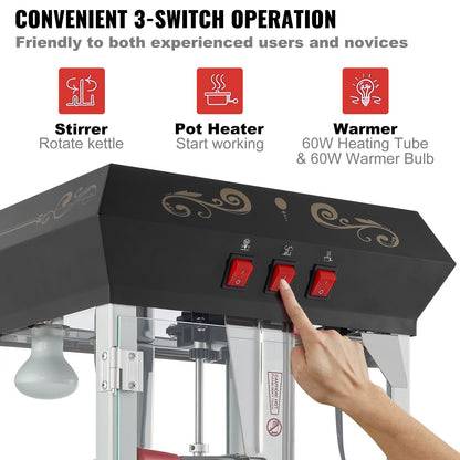 Popcorn Maker with Cart, 850W Popcorn Popper Machine, 8 Oz Kettle Makes 48 Cups per Batch, Popcorn Maker Equipped with Tempered Glass, Includes 4 Scoops, Movie Theater Style, Black