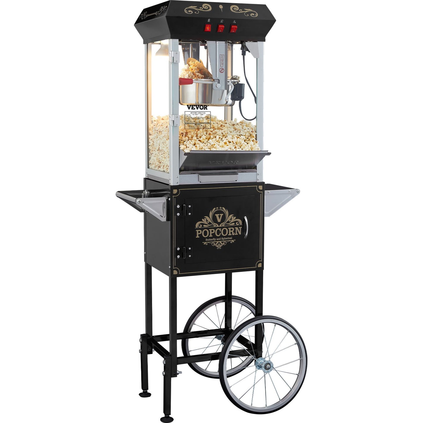 Popcorn Maker with Cart, 850W Popcorn Popper Machine, 8 Oz Kettle Makes 48 Cups per Batch, Popcorn Maker Equipped with Tempered Glass, Includes 4 Scoops, Movie Theater Style, Black