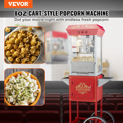 Popcorn Maker with Cart, 850W Popcorn Popper Machine, 8 Oz Kettle Makes 48 Cups per Batch, Popcorn Maker Equipped with Tempered Glass, Includes 4 Scoops, Movie Theater Style, Red
