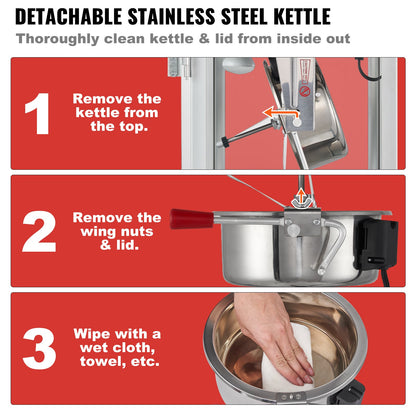 Popcorn Maker with Cart, 850W Popcorn Popper Machine, 8 Oz Kettle Makes 48 Cups per Batch, Popcorn Maker Equipped with Tempered Glass, Includes 4 Scoops, Movie Theater Style, Red