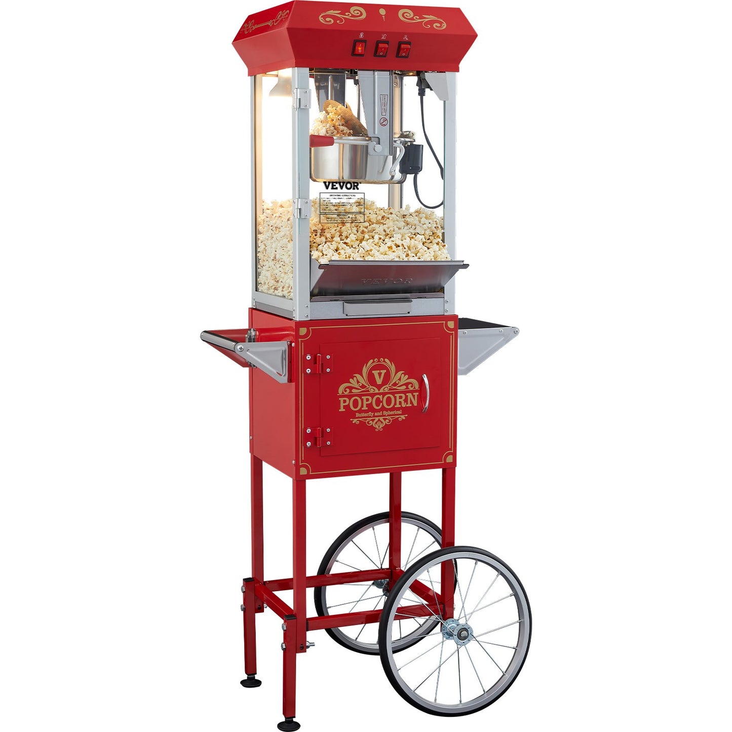 Popcorn Maker with Cart, 850W Popcorn Popper Machine, 8 Oz Kettle Makes 48 Cups per Batch, Popcorn Maker Equipped with Tempered Glass, Includes 4 Scoops, Movie Theater Style, Red