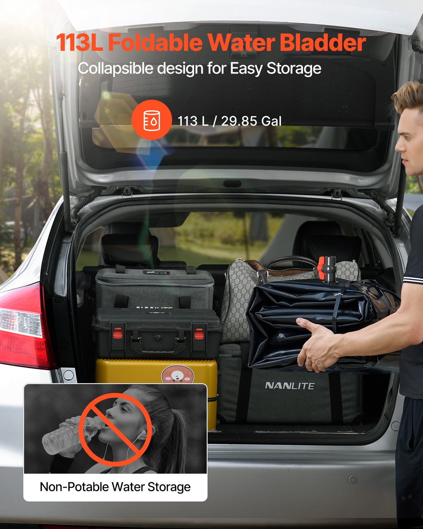 Water Storage Bladder, 113L Water Storage Container Tank, 1000D PVC Thickened Soft Bag Bladder, Collapsible Portable for Garden Irrigation, Camping, RVs, Emergency Use - Black