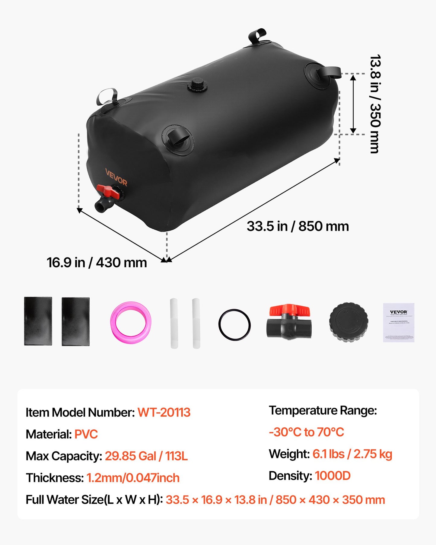 Water Storage Bladder, 113L Water Storage Container Tank, 1000D PVC Thickened Soft Bag Bladder, Collapsible Portable for Garden Irrigation, Camping, RVs, Emergency Use - Black