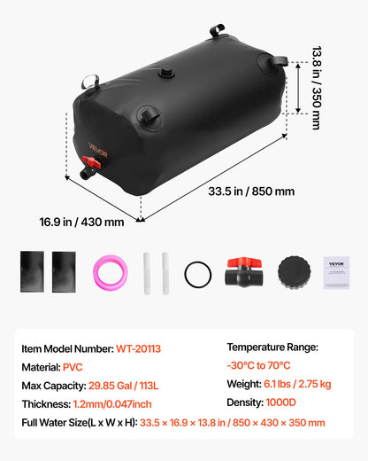 Water Storage Bladder, 113L Water Storage Container Tank, 1000D PVC Thickened Soft Bag Bladder, Collapsible Portable for Garden Irrigation, Camping, RVs, Emergency Use - Black