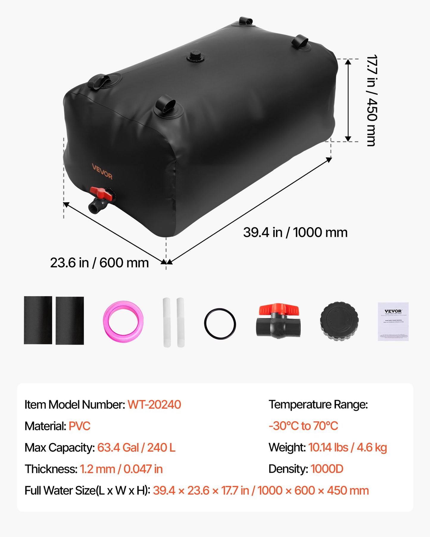 Water Storage Bladder, 240L Water Storage Container Tank, 1000D PVC Large Capacity Soft Bag Bladder, Collapsible Portable for Garden Irrigation, Camping, RVs, Emergency Use - Black