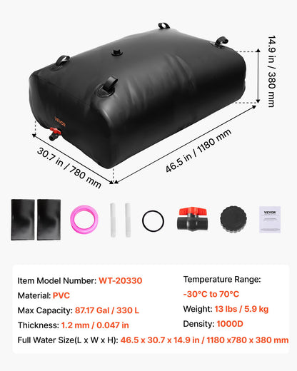 Water Storage Bladder, 330L Water Storage Container Tank, 1000D PVC Large Capacity Soft Bag Bladder, Collapsible Portable for Garden Irrigation, Camping, RVs, Emergency Use - Black