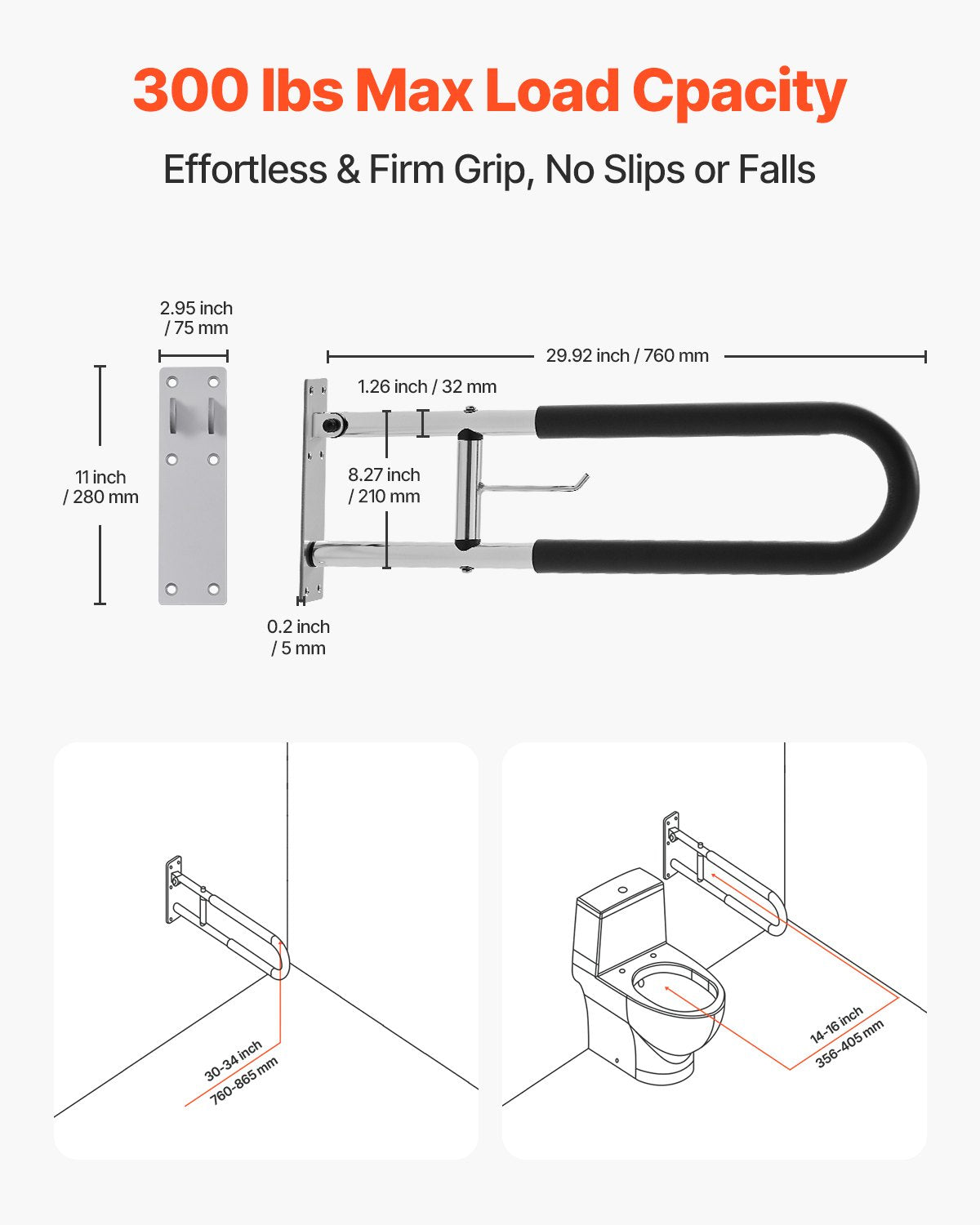 Toilet Safety Rail, 30 Inch U-Shaped Handicap Grab Bar, Foldable Senior Safety Pole, Flip Up Toilet Grab Bars with Anti-Slip Handle, 300 Lbs Load Capacity Security Handrail with Paper Holder