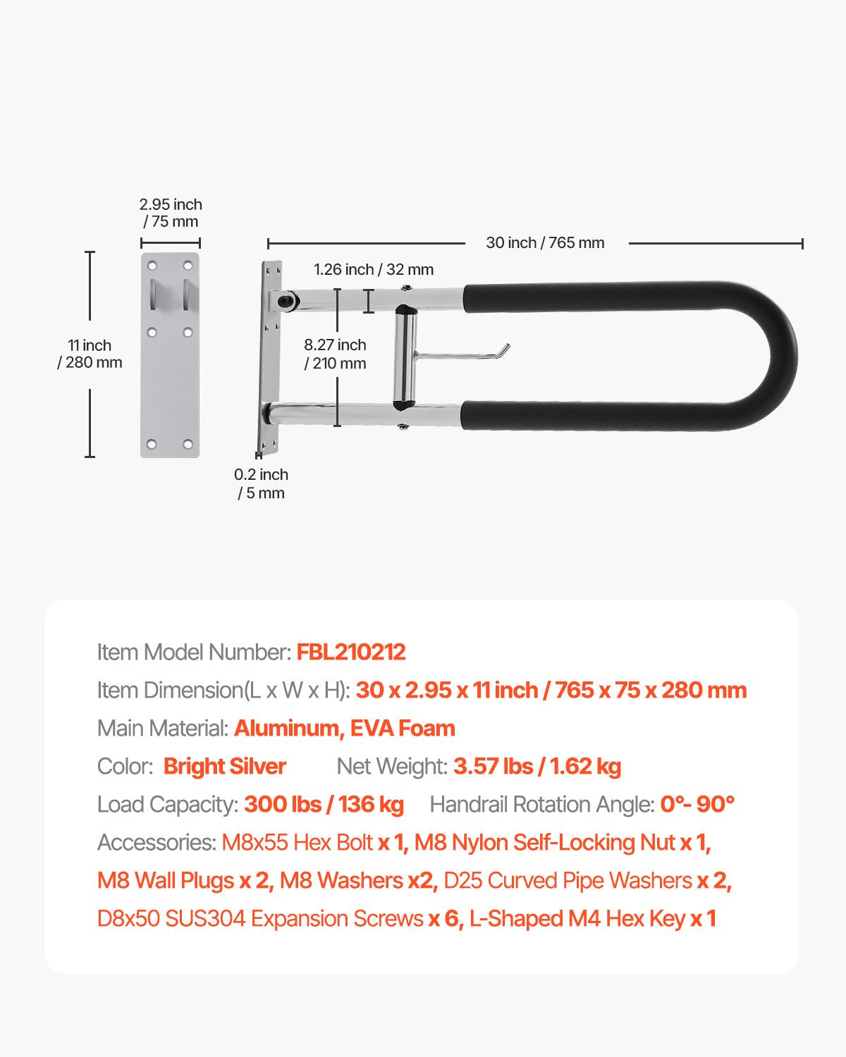 Toilet Safety Rail, 30 Inch U-Shaped Handicap Grab Bar, Foldable Senior Safety Pole, Flip Up Toilet Grab Bars with Anti-Slip Handle, 300 Lbs Load Capacity Security Handrail with Paper Holder