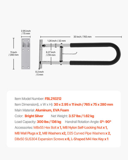 Toilet Safety Rail, 30 Inch U-Shaped Handicap Grab Bar, Foldable Senior Safety Pole, Flip Up Toilet Grab Bars with Anti-Slip Handle, 300 Lbs Load Capacity Security Handrail with Paper Holder