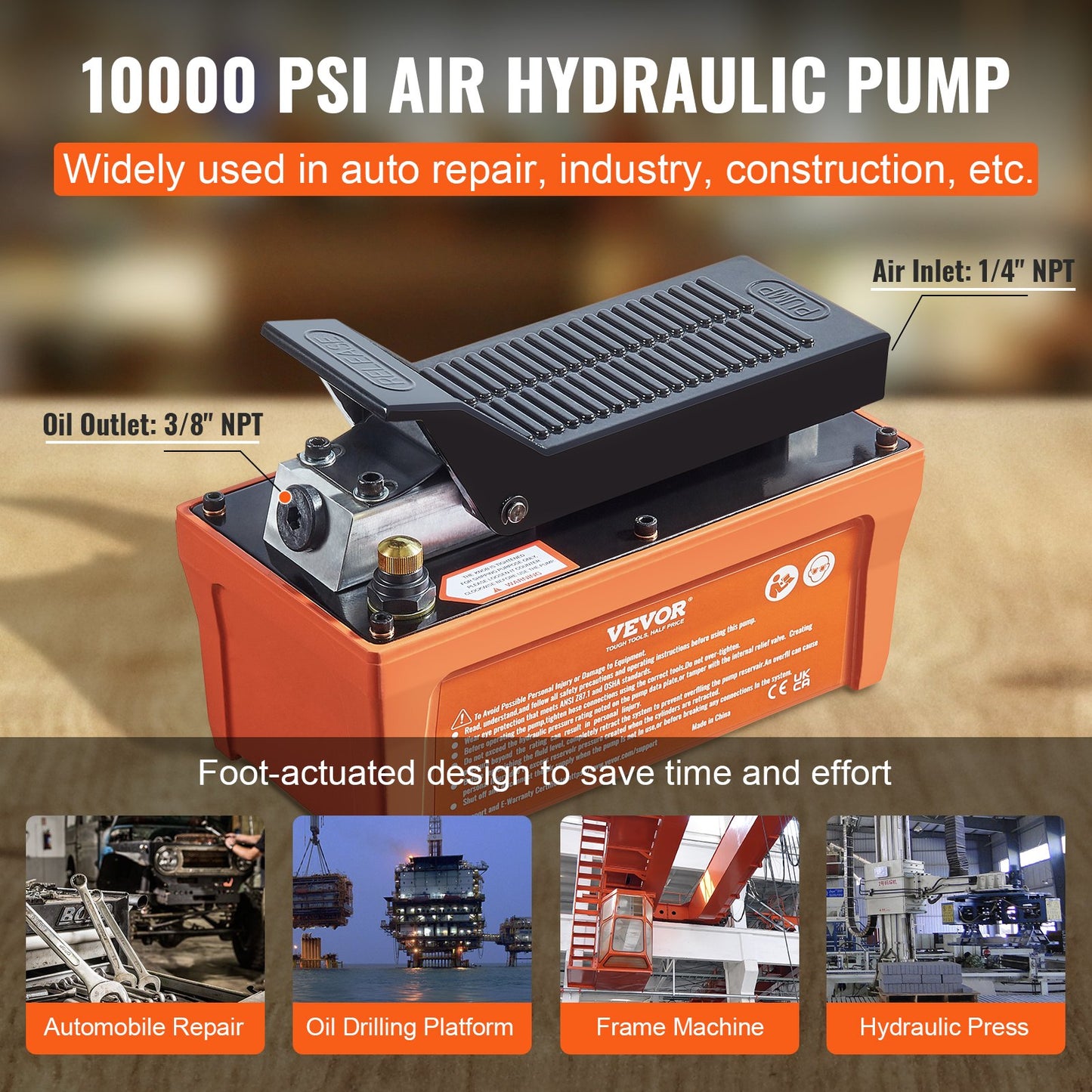 Air Hydraulic Pump, 6895 bar 1.9L Reservoir, NPT 10mm Oil Outlet, NPT 6.4mm Inlet, 2m Pipe, Foot Actuated Hydraulic Pump Air Treadle for Auto Body Frame Machines and Pulling Post, Orange