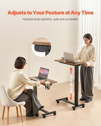 Overbed Table, Mobile Bed Side Table with 4 Wheels, Electric Lifting with Upgrade Button, Rolling Laptop Desk with Cup Holder, Height Adjustable Overbed Desk for Home, Office, Study, Wood+Black