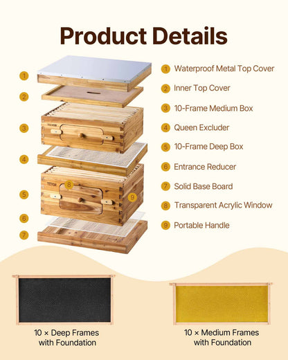 Bee Hive 20 Frame Bee Hives Starter Kit, Beeswax Coated Fir Wood, 1 Deep + 1 Medium Bee Boxes Langstroth Beehive Kit, Transparent Acrylic Windows with Foundations for Beginners Pro Beekeepers