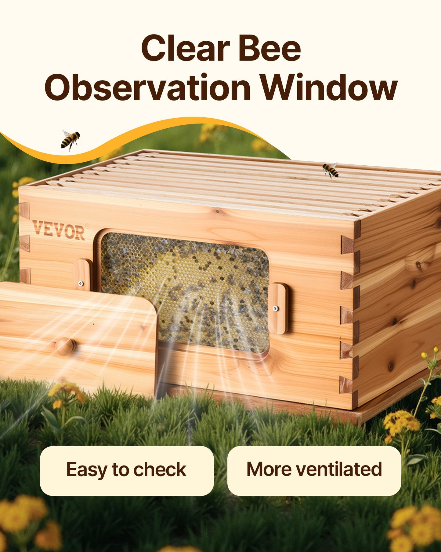 Bee Hive 30 Frame Bee Hives Starter Kit, Beeswax Coated Fir Wood, 2 Deep + 1 Medium Bee Boxes Langstroth Beehive Kit, Transparent Acrylic Windows with Foundations for Beginners Pro Beekeepers
