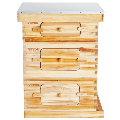 Bee Hive 30 Frame Bee Hives Starter Kit, Beeswax Coated Fir Wood, 2 Deep + 1 Medium Bee Boxes Langstroth Beehive Kit, Transparent Acrylic Windows with Foundations for Beginners Pro Beekeepers