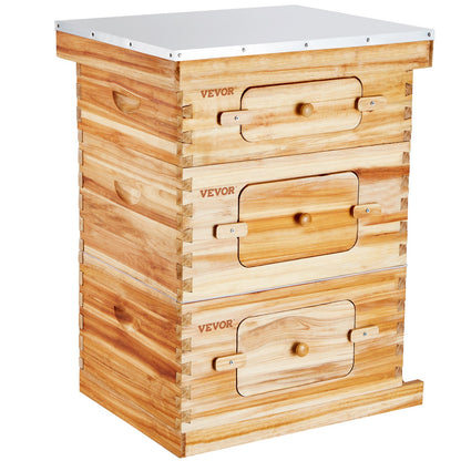 Bee Hive 30 Frame Bee Hives Starter Kit, Beeswax Coated Fir Wood, 2 Deep + 1 Medium Bee Boxes Langstroth Beehive Kit, Transparent Acrylic Windows with Foundations for Beginners Pro Beekeepers