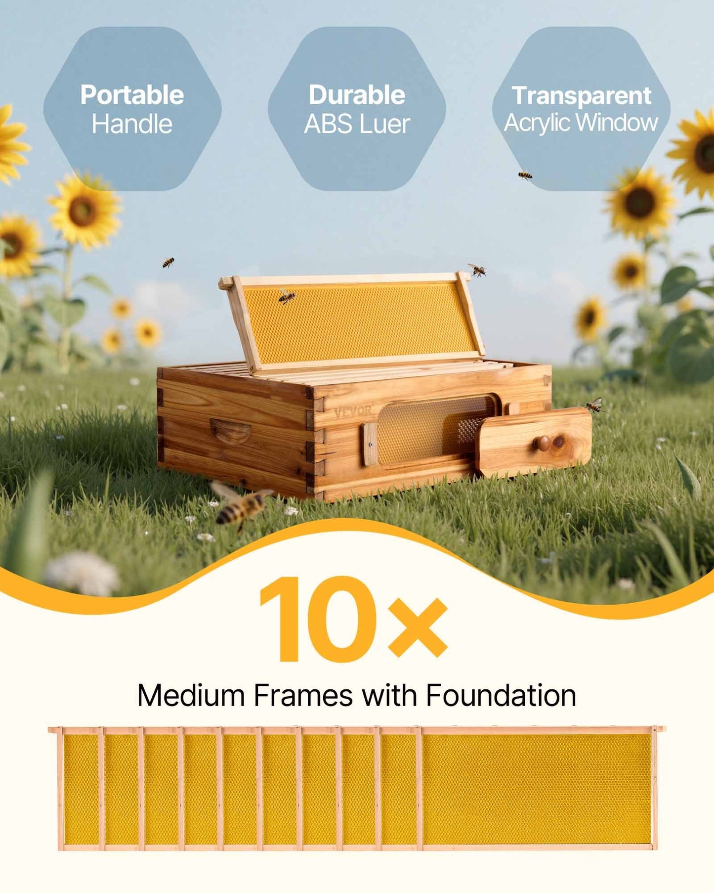 Bee Hive Medium Box Starter Kit, 100% Beeswax Coated Natural Fir Wood, Langstroth Beehive Kit with 10 Frames and Foundations, Transparent Acrylic Bee Windows for Beginners and Pro Beekeepers