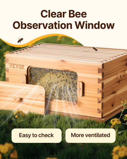 Bee Hive Medium Box Starter Kit, 100% Beeswax Coated Natural Fir Wood, Langstroth Beehive Kit with 10 Frames and Foundations, Transparent Acrylic Bee Windows for Beginners and Pro Beekeepers